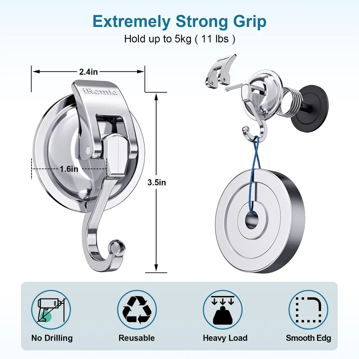 iRomic Heavy Duty Vacuum Suction Cup Hooks (2-Pack, Silver) | Damage-Free Wall Mount Organization - view 3