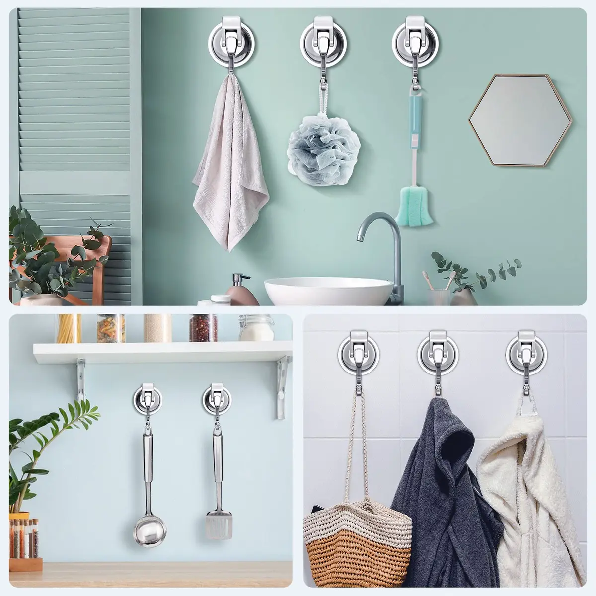 iRomic Heavy Duty Vacuum Suction Cup Hooks (2-Pack, Silver) | Damage-Free Wall Mount Organization - view 4