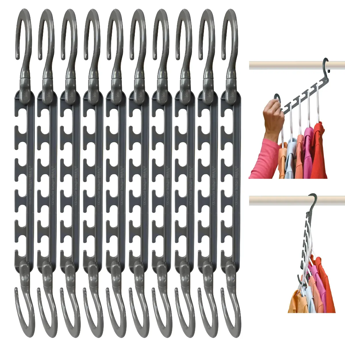 Wonder Hanger Max Space Saving Closet Hangers, 10-Pack, 360° Swivel, Grey | Heavy-Duty, Neat & Wrinkle-Free Organization - main product image