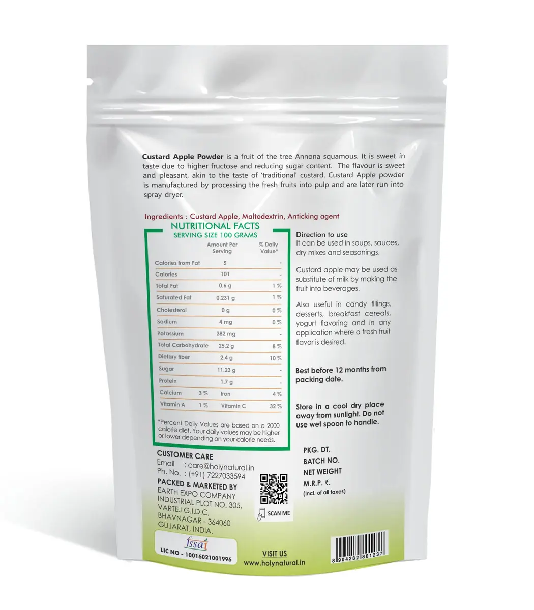 Holy Natural Custard Apple Powder 100 g (3.52 Oz) | Organic Fruit Powder for Baking & Desserts - view 2