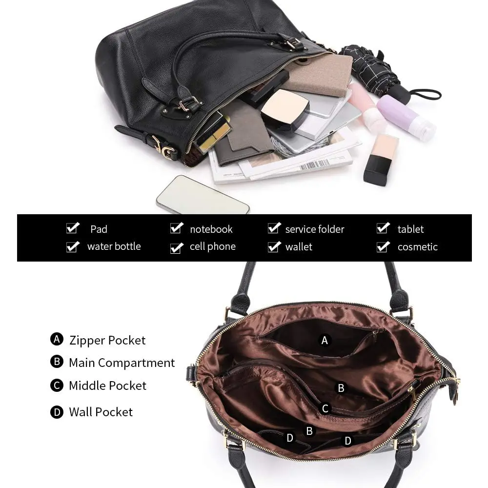 Kattee Leather Tote Handbag for Women, Large Satchel Purse, Black | Waxed Cowhide Leather, Spacious & Stylish - view 5