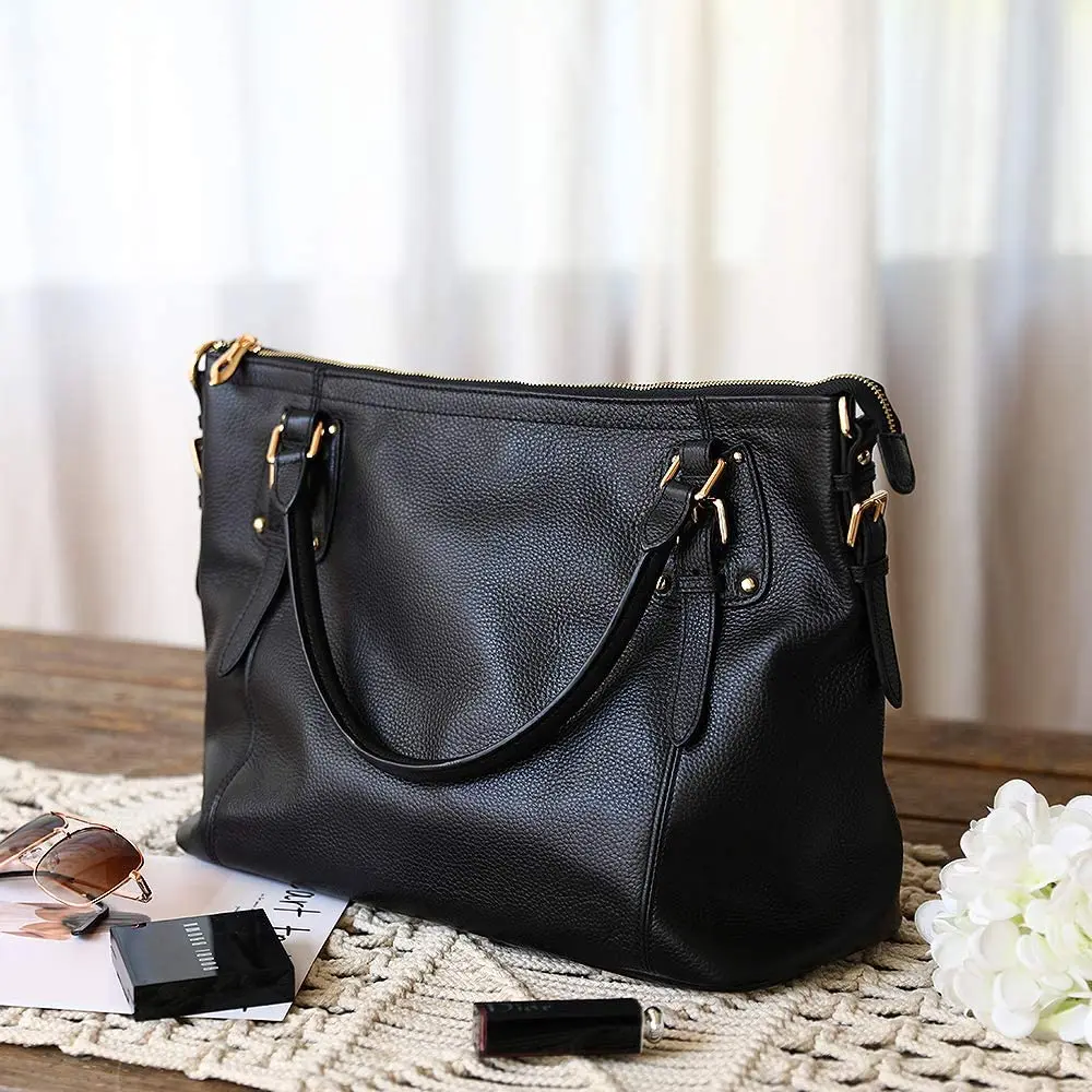 Kattee Leather Tote Handbag for Women, Large Satchel Purse, Black | Waxed Cowhide Leather, Spacious & Stylish - view 3