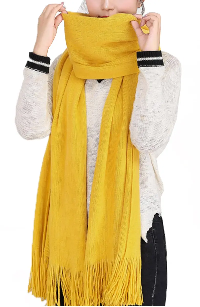 Wander Agio Women's Warm Long Scarves Winter Scarfs Faux Wool Pure Color Scarf Tassel Yellow | Very Warm & Large - main product image