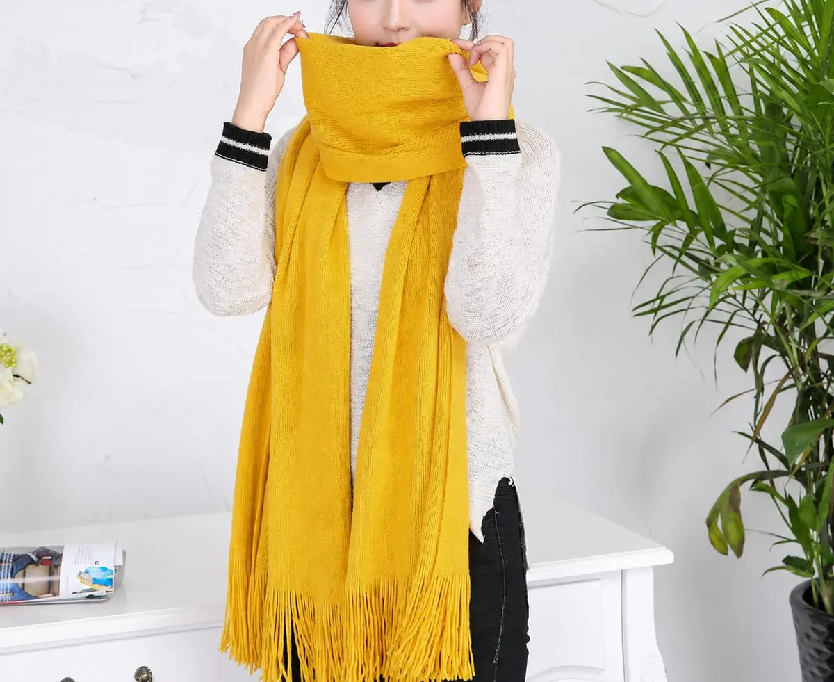 Wander Agio Women's Warm Long Scarves Winter Scarfs Faux Wool Pure Color Scarf Tassel Yellow | Very Warm & Large - view 5