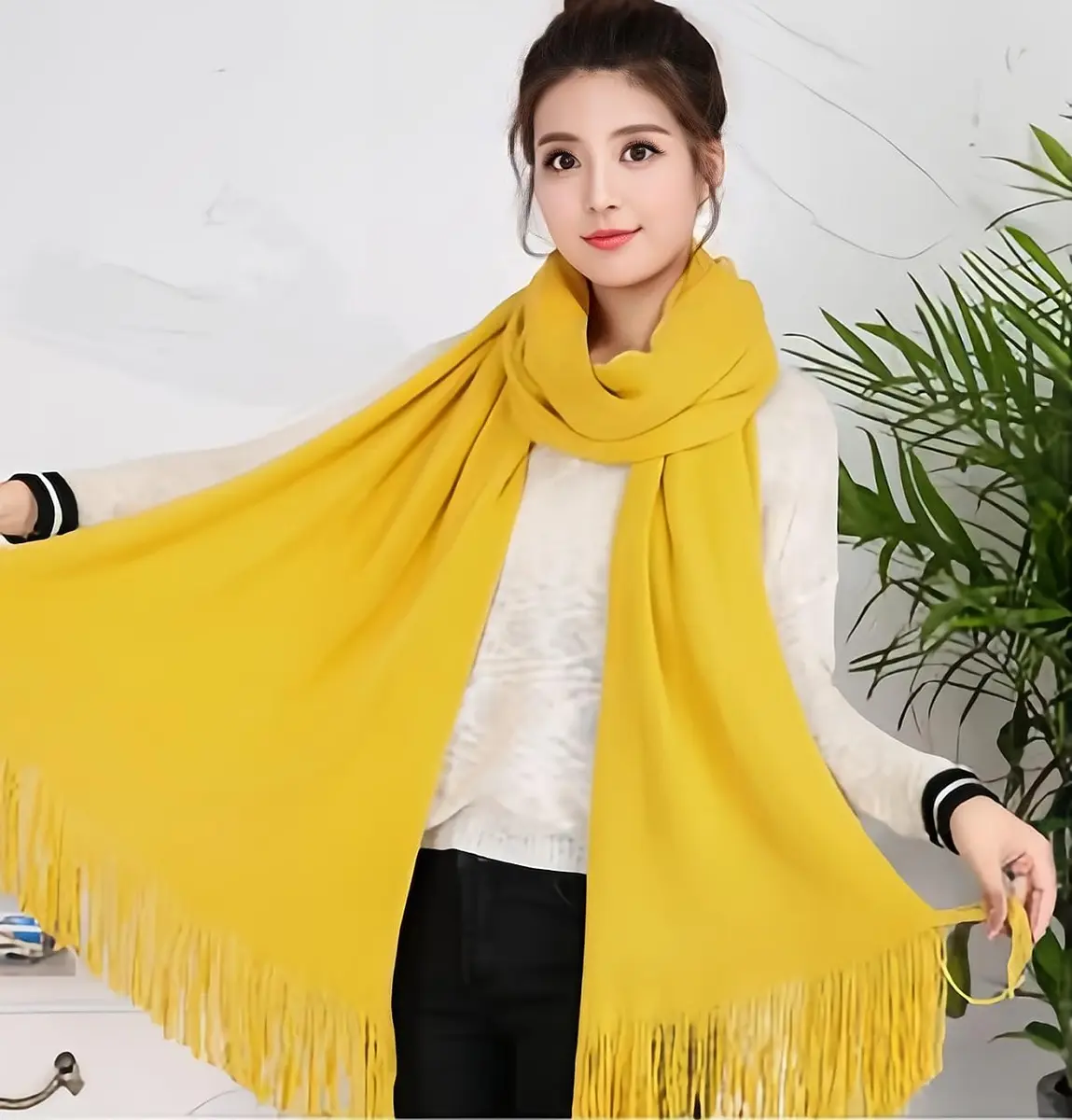 Wander Agio Women's Warm Long Scarves Winter Scarfs Faux Wool Pure Color Scarf Tassel Yellow | Very Warm & Large - view 2