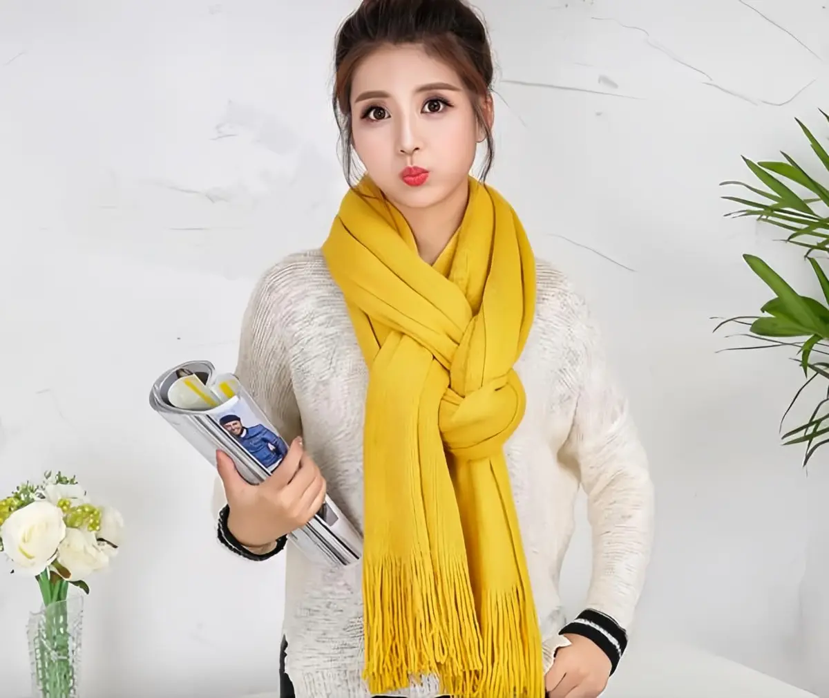 Wander Agio Women's Warm Long Scarves Winter Scarfs Faux Wool Pure Color Scarf Tassel Yellow | Very Warm & Large - view 3