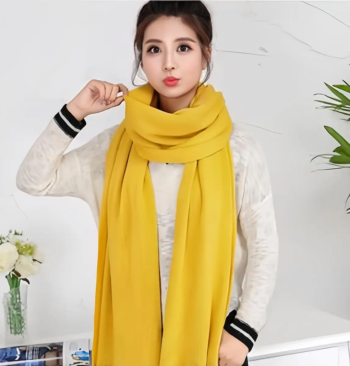 Wander Agio Women's Warm Long Scarves Winter Scarfs Faux Wool Pure Color Scarf Tassel Yellow | Very Warm & Large - view 4
