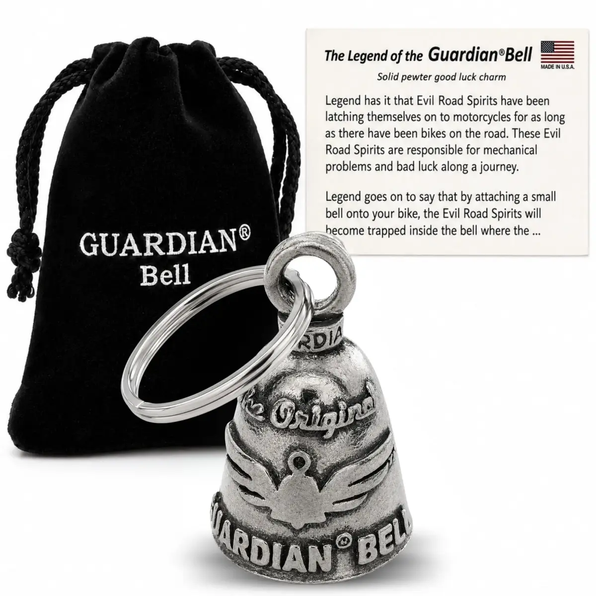 Guardian Bell The Original Good Luck Bell w/Keyring & Black Velvet Gift Bag | Motorcycle Bell | Lead-Free Pewter | Good Luck Gift to Friends & Family | Bike Bell | Made in USA - main product image