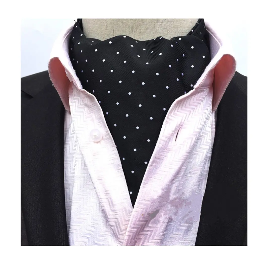 Secdtie Men's Black Plaid Dot 100% Silk Jacquard Woven Self Cravat Tie Ascot | Elegant Formal & Casual Accessory - view 2