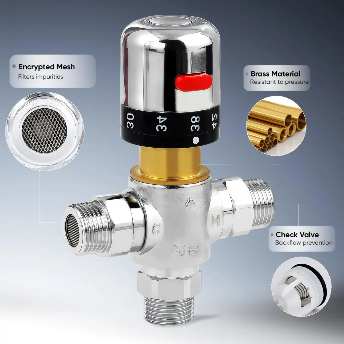 Fyeer Thermostatic Mixing Valve DN15 G1/2" Brass with Plastic Knob | Temperature Control Anti Scald - view 2