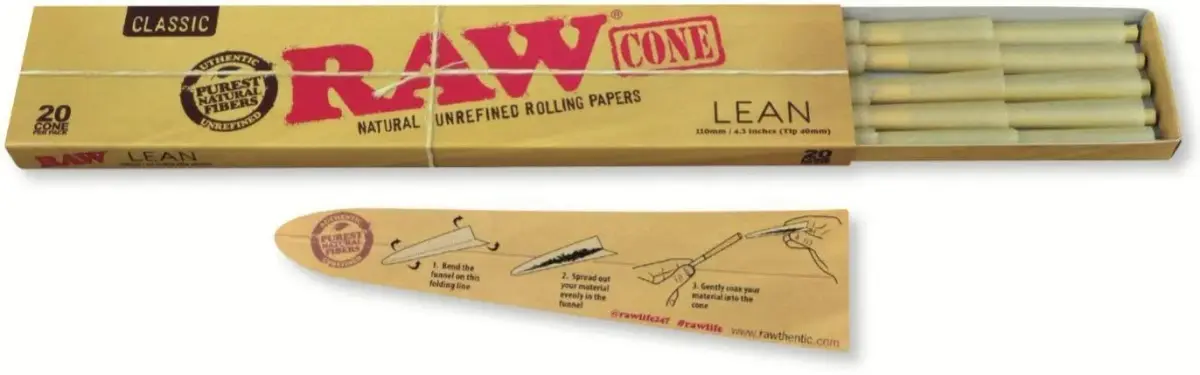 RAW Classic Natural Unrefined Pre Rolled Cones Lean Size 110mm x 7mm | 20 Cones Per Pack, Unbleached - main product image