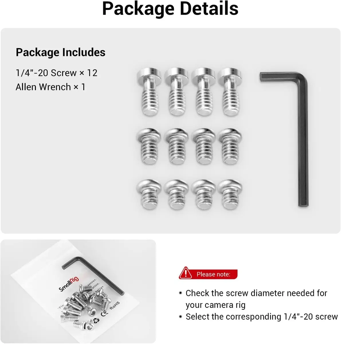 SMALLRIG Allen Wrench Screw 1/4" Screws Accessories Tool (12pcs/Pack) | Stainless Steel, 12pcs, 1/4" Thread, Camera Support - view 3