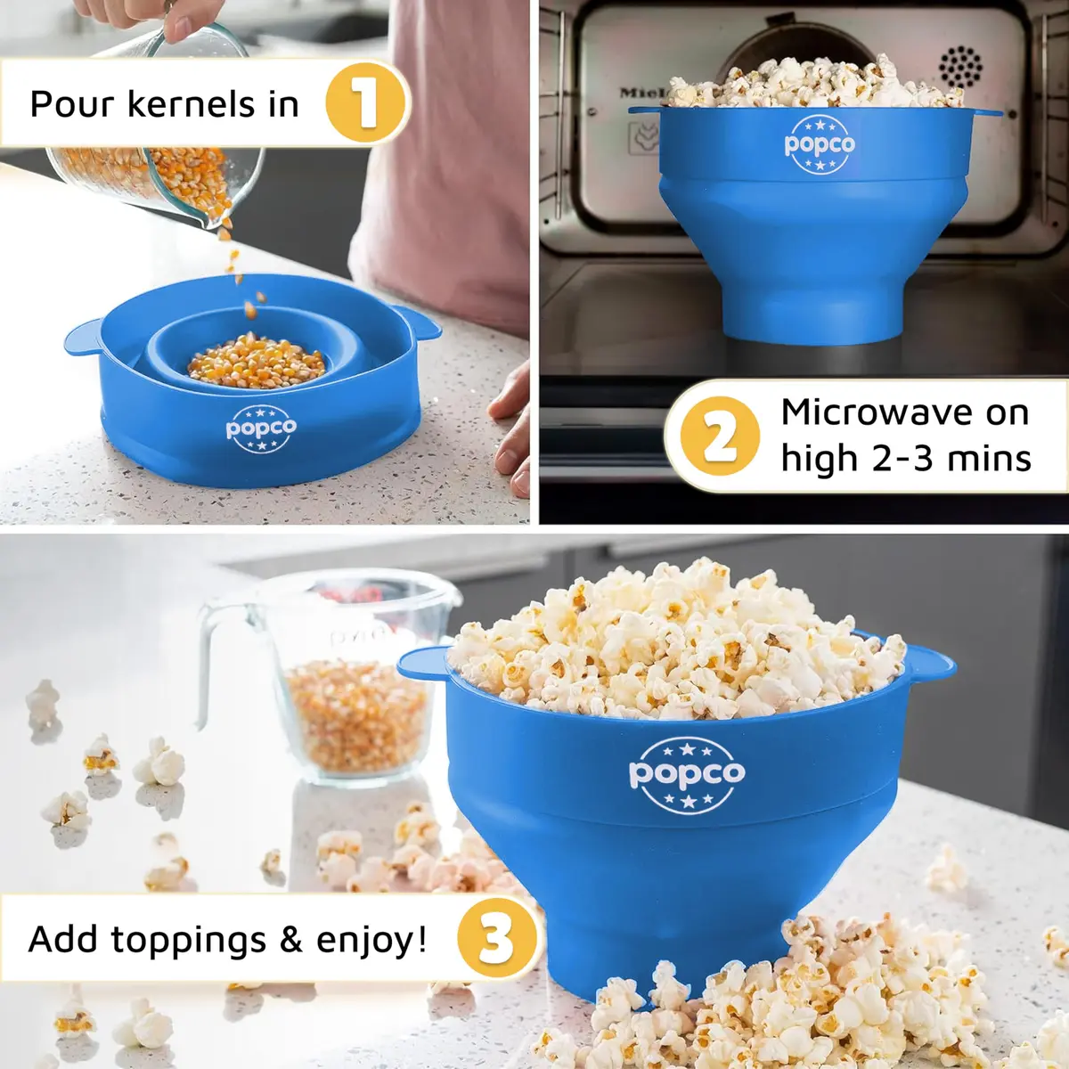 POPCO Silicone Popcorn Maker with Handles - 15-Cup Capacity Microwave Popper - Collapsible Bowl, Heat-Resistant, Easy to Clean, Light Blue | Makes Fresh Popcorn in Minutes - view 5
