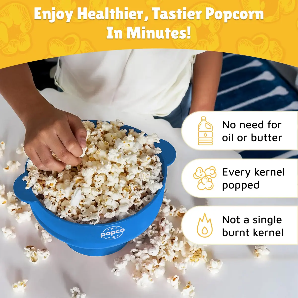 POPCO Silicone Popcorn Maker with Handles - 15-Cup Capacity Microwave Popper - Collapsible Bowl, Heat-Resistant, Easy to Clean, Light Blue | Makes Fresh Popcorn in Minutes - view 2