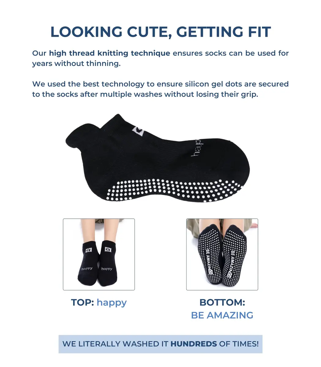 Live Happy Be Healthy Non-slip Pilates Socks with Grips for Women, 2 Pairs, Black | Toeless, Ankle Length, Grip Socks - view 3