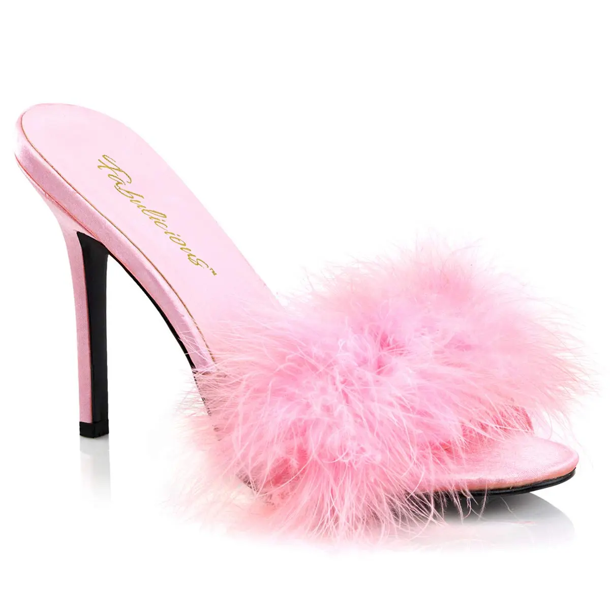 Fabulicious Women's Classique-01F Marabou Slipper | 4" Heel, Pink PU, Open Toe, Rubber Sole - main product image
