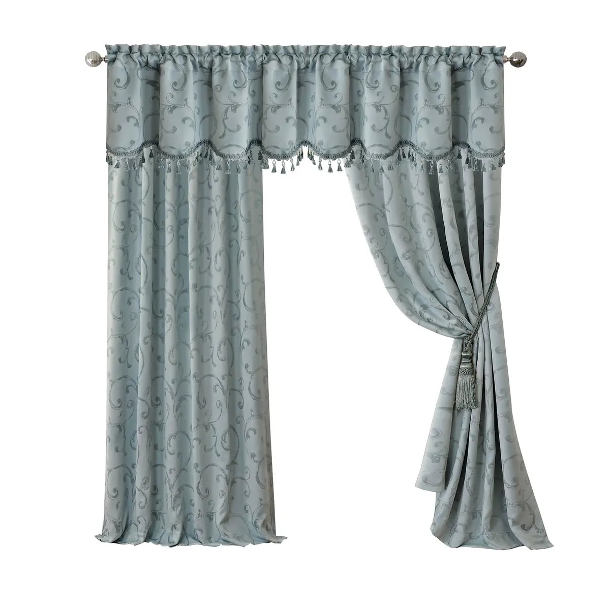 Threadmade Mia Jacquard Scroll Blackout Window Curtain, Blue - 52"W x 84"L | Elegant Jacquard Pattern with Sun-Blocking Power - main product image