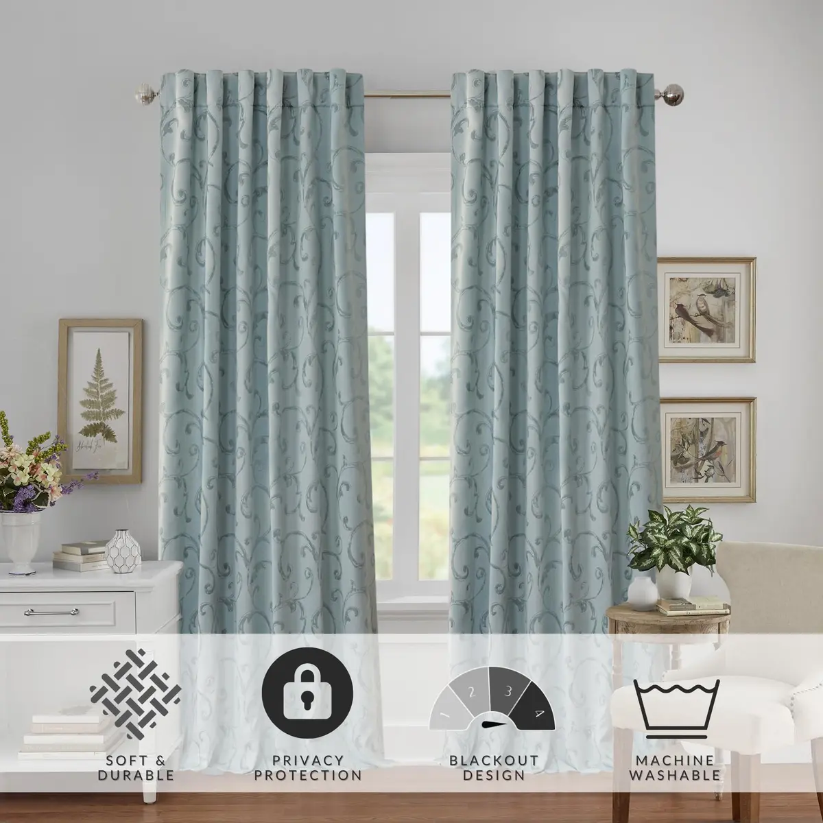 Threadmade Mia Jacquard Scroll Blackout Window Curtain, Blue - 52"W x 84"L | Elegant Jacquard Pattern with Sun-Blocking Power - view 2