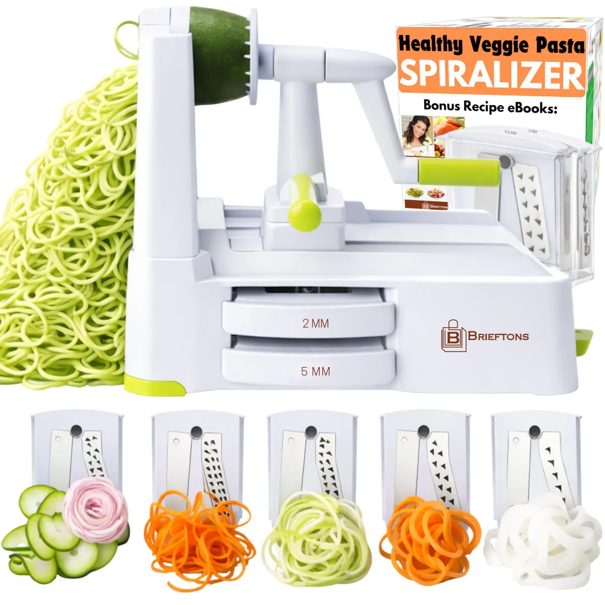 Brieftons 5-Blade Vegetable Spiralizer & Veggie Noodle Maker | Japanese Steel Blades for Zucchini & Sweet Potato | Strong Suction Pad | 4 Recipe eBooks - main product image