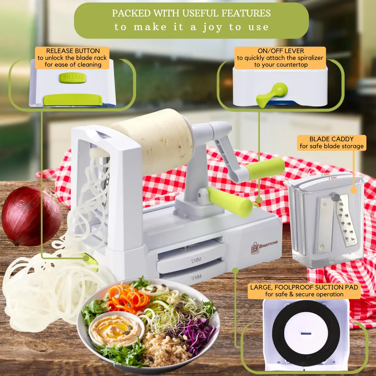Brieftons 5-Blade Vegetable Spiralizer & Veggie Noodle Maker | Japanese Steel Blades for Zucchini & Sweet Potato | Strong Suction Pad | 4 Recipe eBooks - view 2