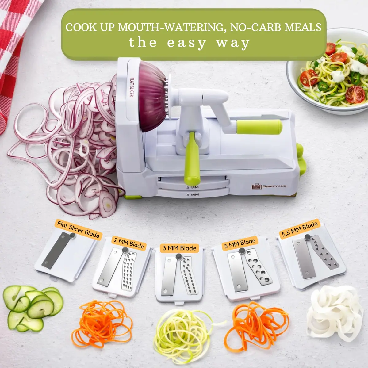 Brieftons 5-Blade Vegetable Spiralizer & Veggie Noodle Maker | Japanese Steel Blades for Zucchini & Sweet Potato | Strong Suction Pad | 4 Recipe eBooks - view 3