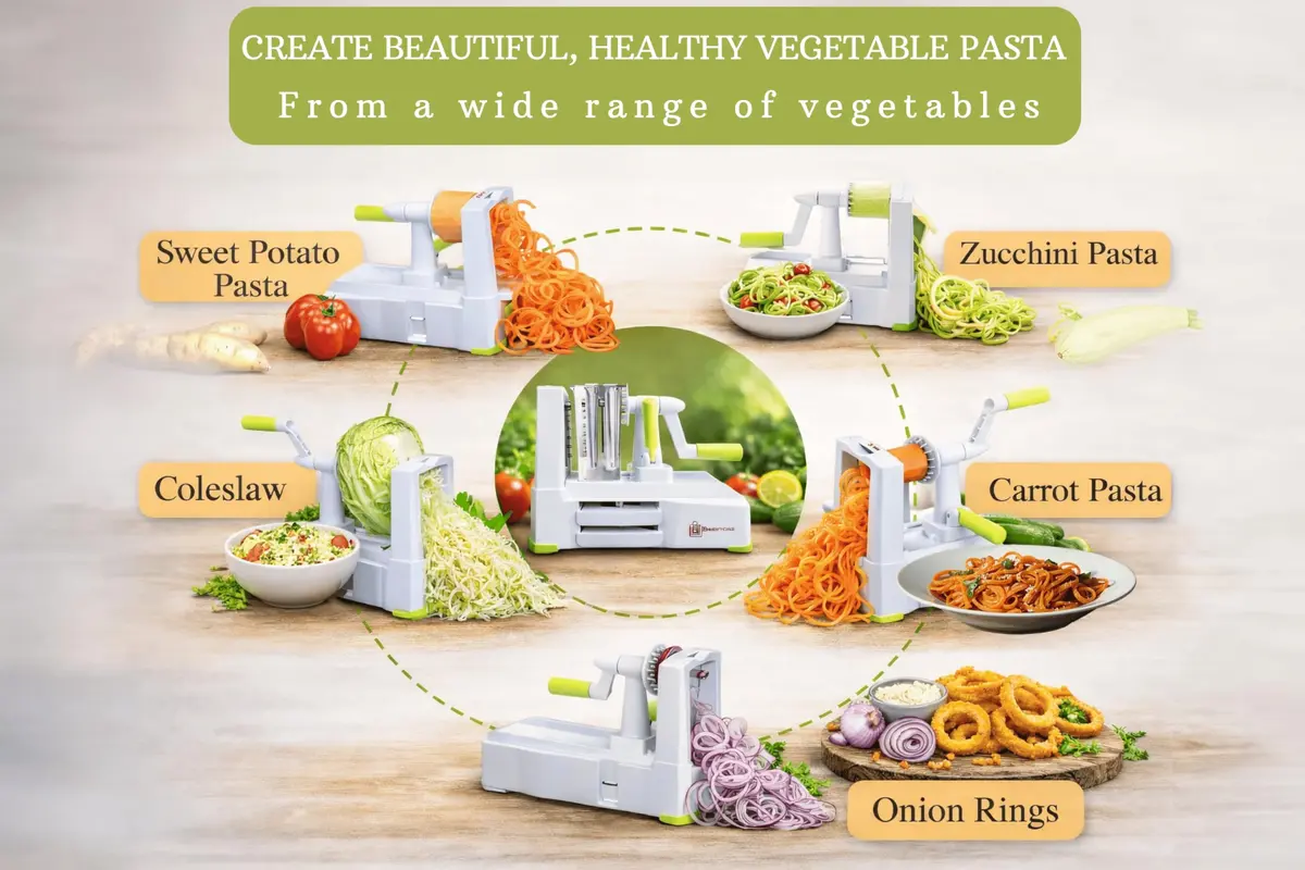 Brieftons 5-Blade Vegetable Spiralizer & Veggie Noodle Maker | Japanese Steel Blades for Zucchini & Sweet Potato | Strong Suction Pad | 4 Recipe eBooks - view 4
