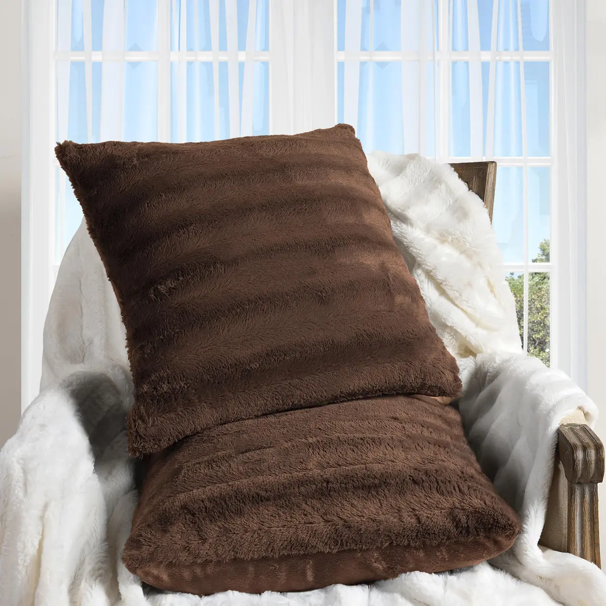 Cheer Collection Faux Fur Throw Pillows 18”x18” | Plush Accent Pillows for Couch & Bed in Chocolate - view 2