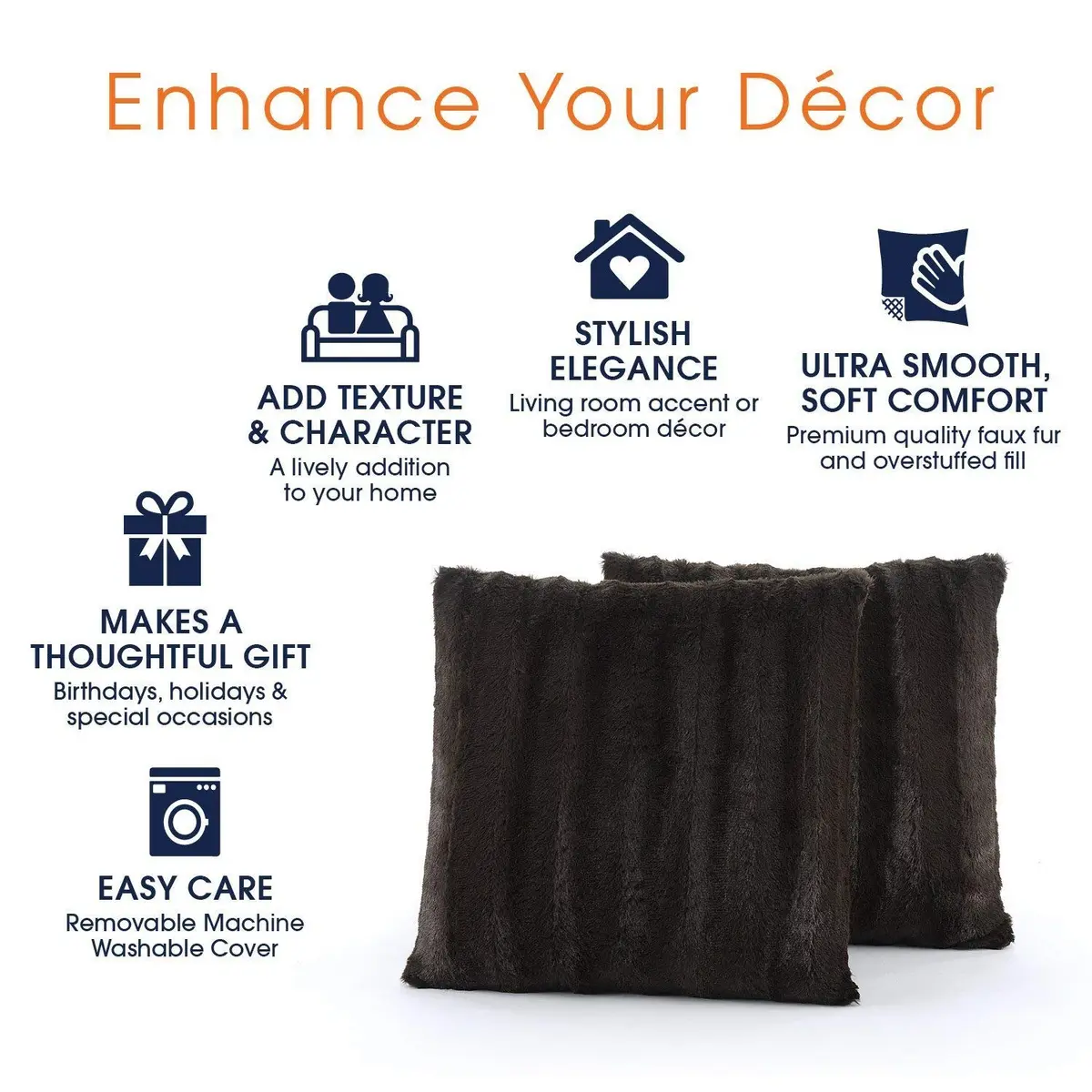 Cheer Collection Faux Fur Throw Pillows 18”x18” | Plush Accent Pillows for Couch & Bed in Chocolate - view 4