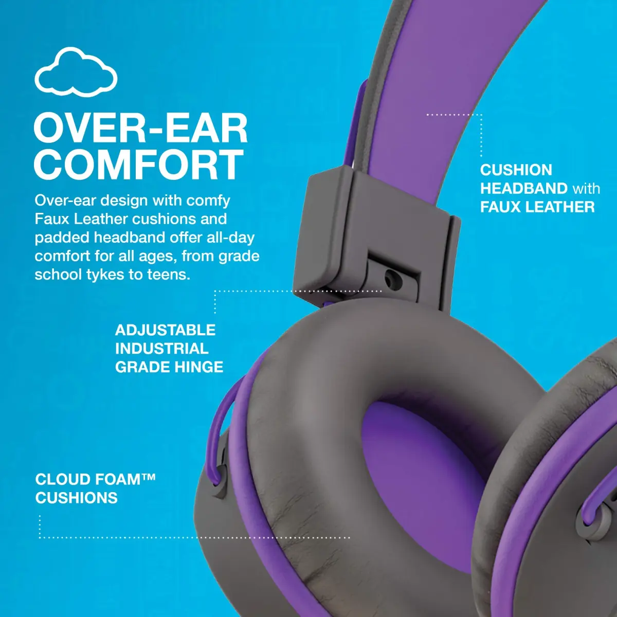JLab JBuddies Studio Kids Wired On-Ear Headphones | 40mm Dynamic Drivers, 85dB Volume Limiter, Graphite/Purple - view 5