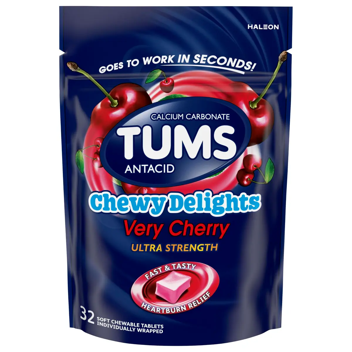 TUMS Chewy Delights Ultra Strength Antacid Soft Chews 32 Count | Fast Heartburn Relief in Delicious Very Cherry - main product image