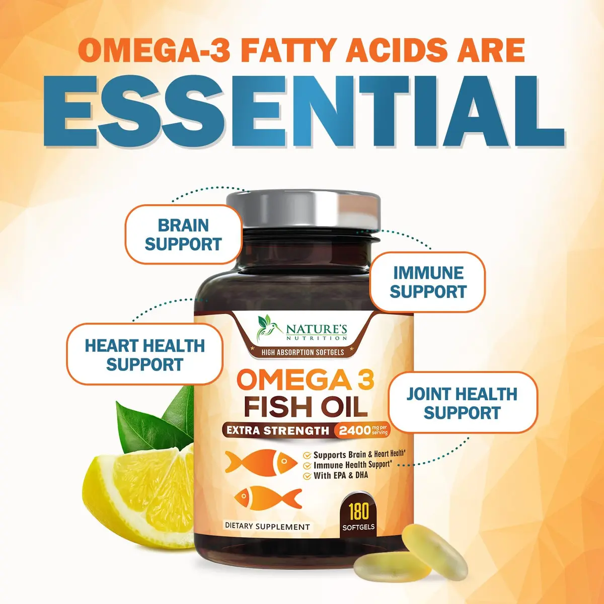 Nature's Nutrition Omega 3 Fish Oil 2400mg | Triple Strength Daily Supplement with EPA & DHA for Heart, Brain & Immunity - view 6