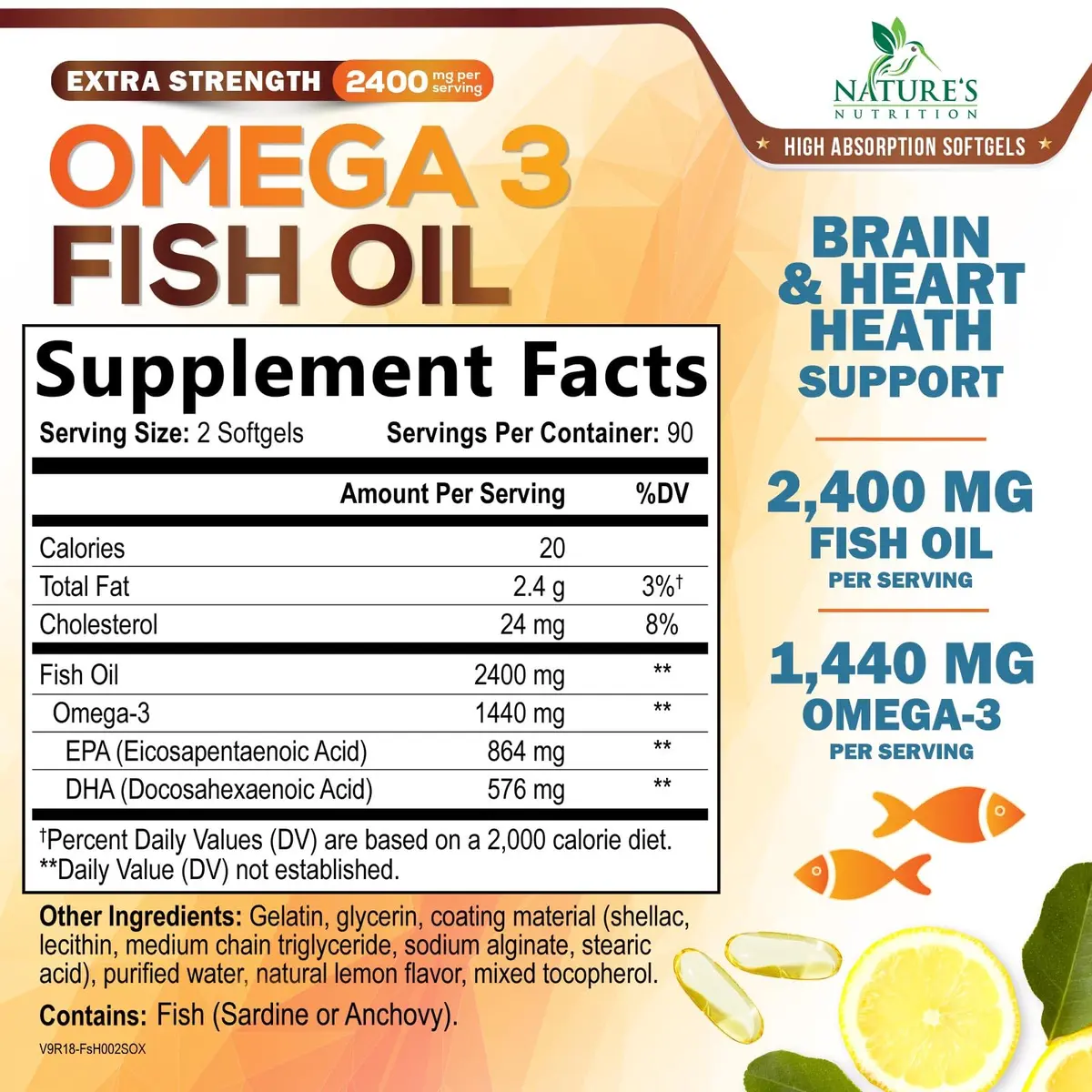 Nature's Nutrition Omega 3 Fish Oil 2400mg | Triple Strength Daily Supplement with EPA & DHA for Heart, Brain & Immunity - view 2