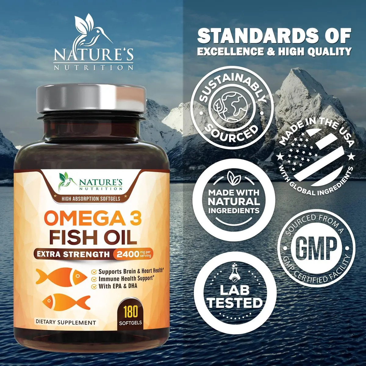 Nature's Nutrition Omega 3 Fish Oil 2400mg | Triple Strength Daily Supplement with EPA & DHA for Heart, Brain & Immunity - view 4