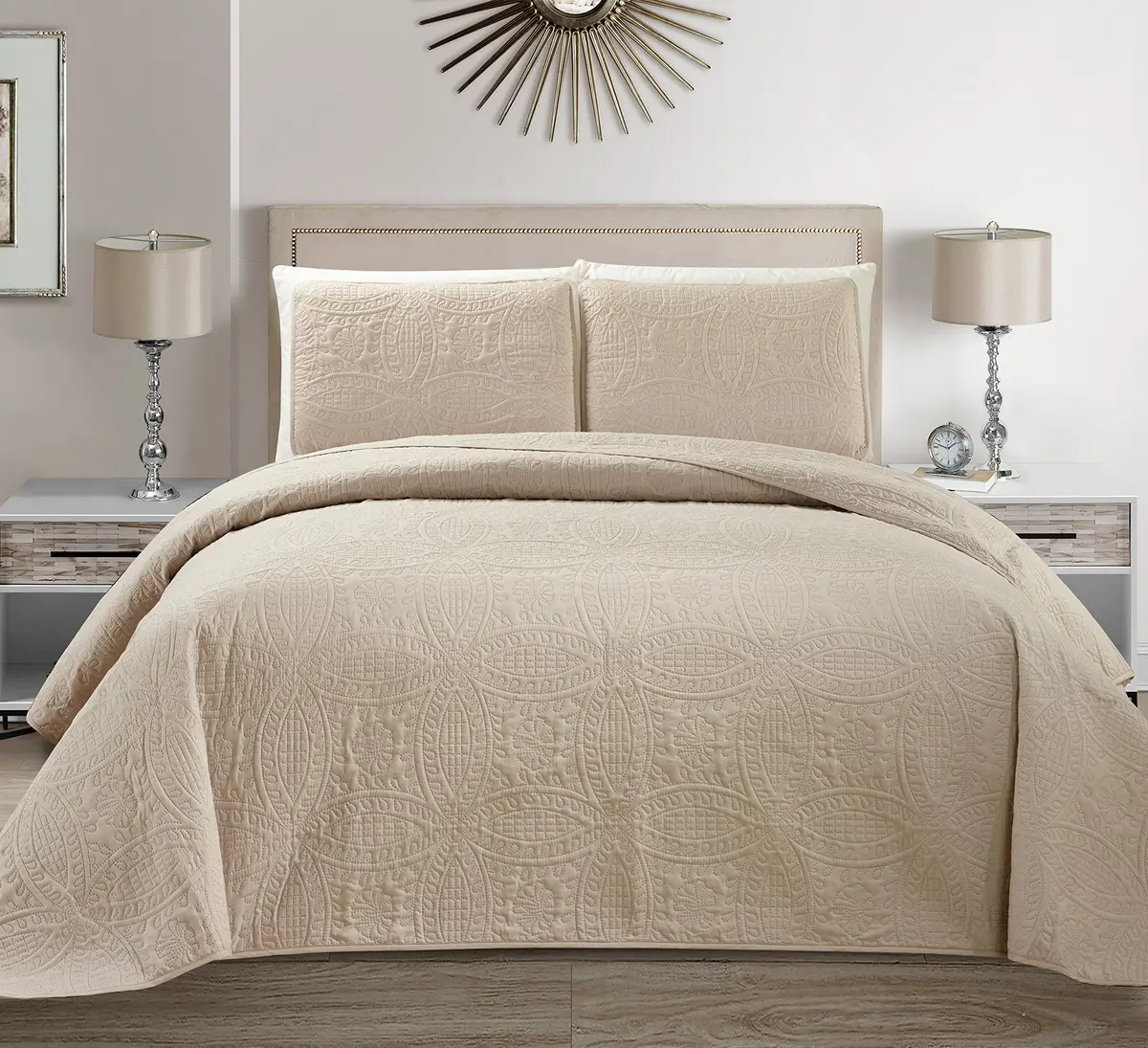 MK Home Mk Collection Solid Embossed Bedspread Bed Cover Over Size (Beige, King/California King) | Microfiber, Over Size - main product image