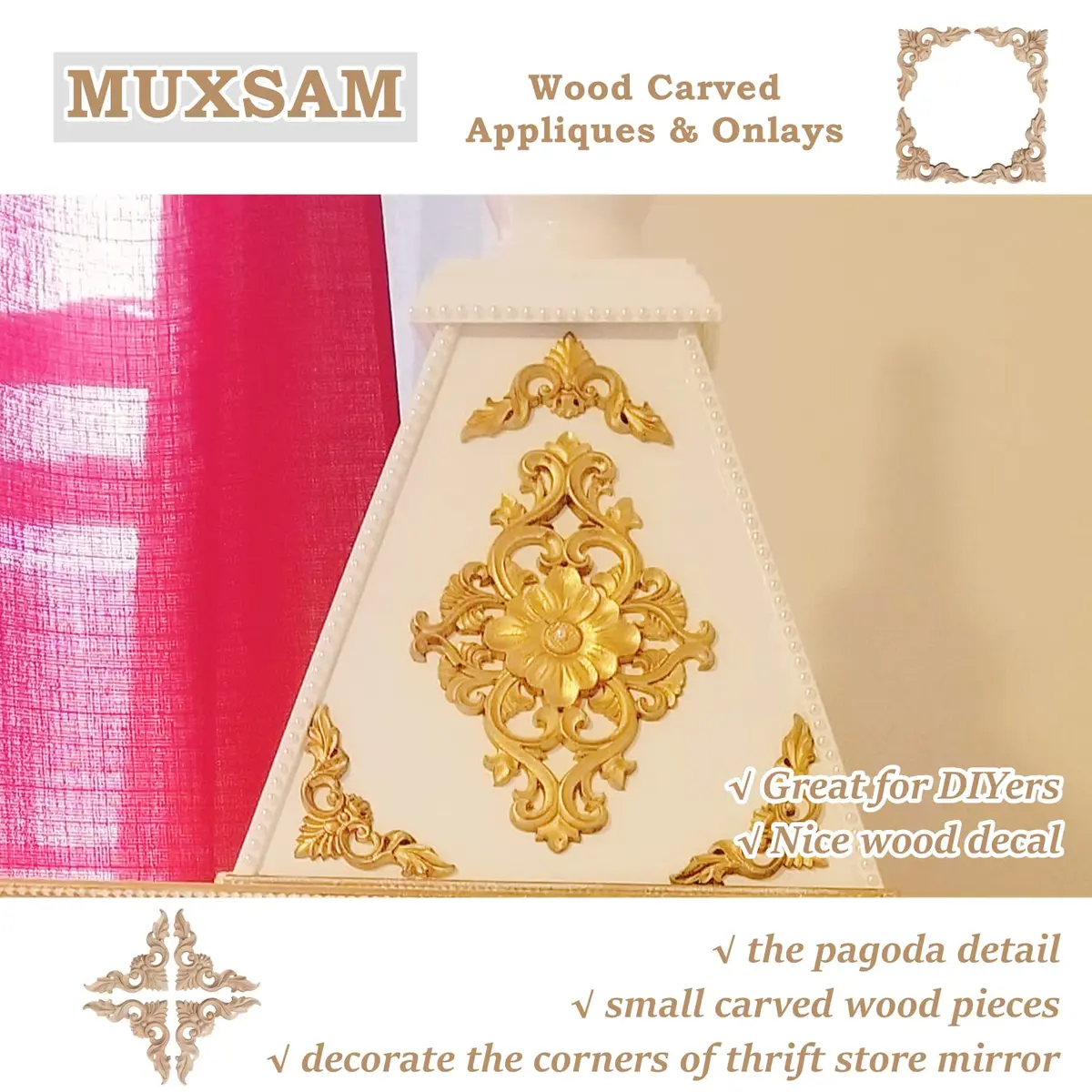 MUXSAM Unpainted Wooden Corner Appliques 8x8cm | Vintage European Style Decor - view 7