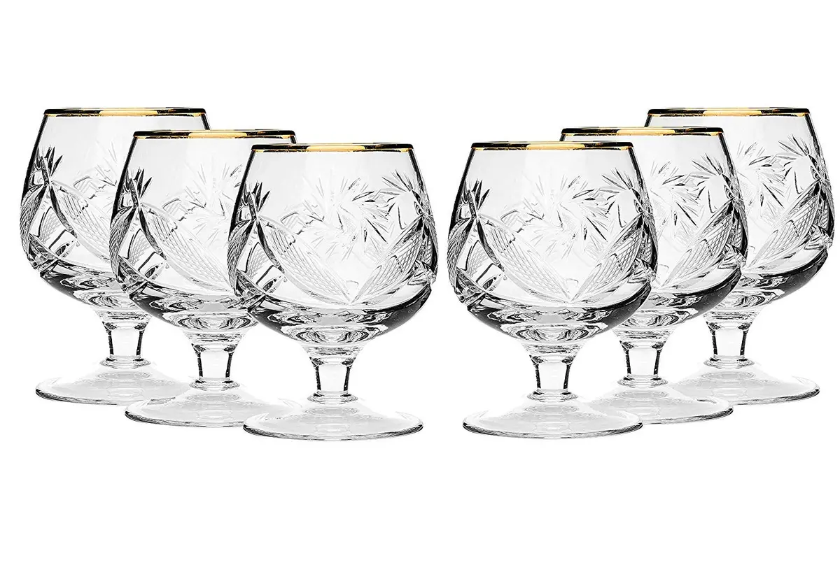 Neman Crystal Russian Cut Crystal Cognac Snifter Goblet Set (6) | 5 Oz. Hand Made with Gold Rim - main product image