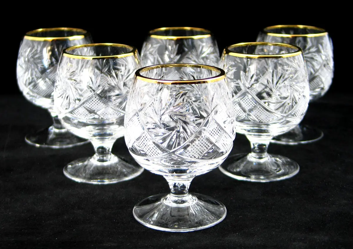 Neman Crystal Russian Cut Crystal Cognac Snifter Goblet Set (6) | 5 Oz. Hand Made with Gold Rim - view 2