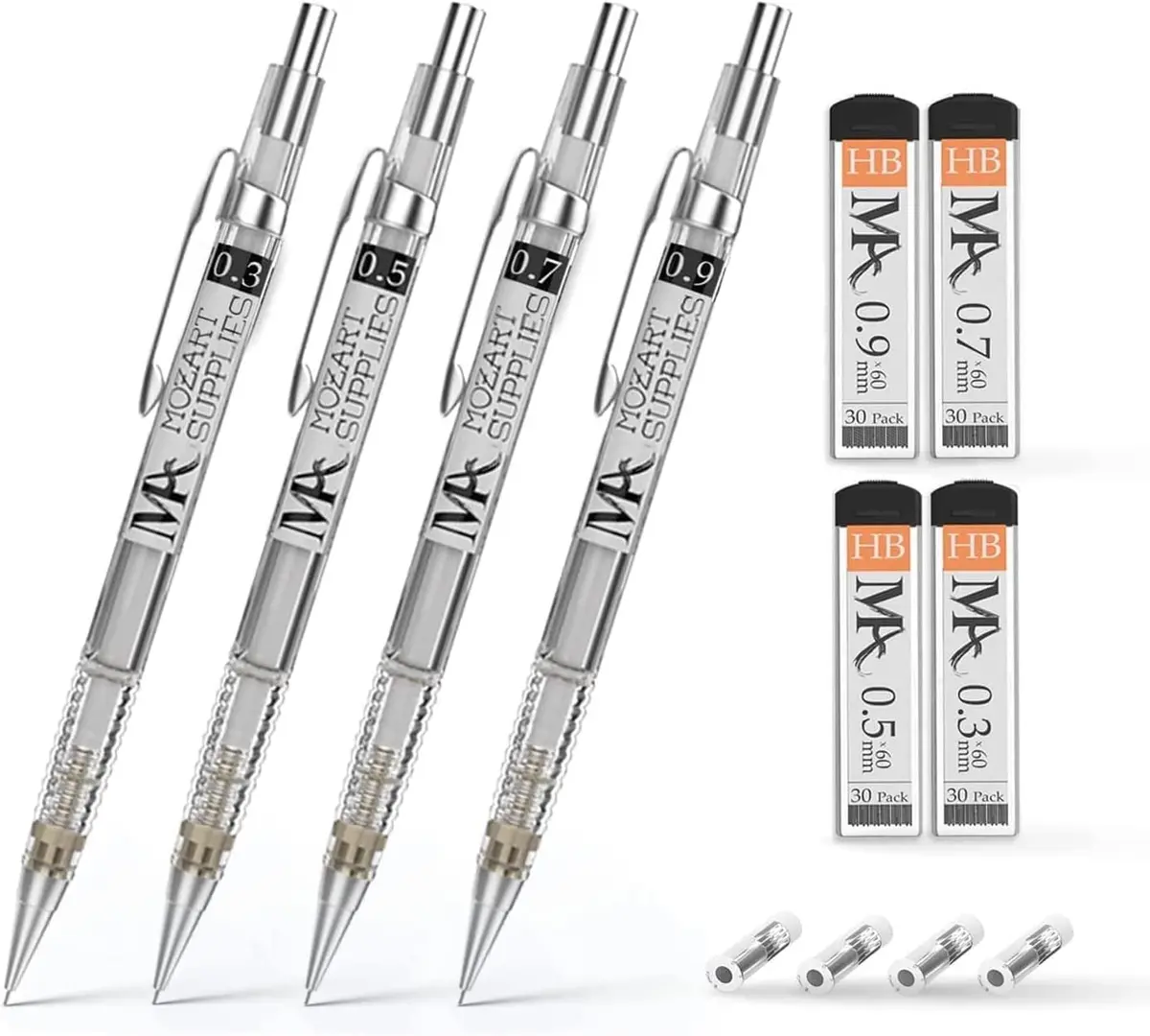 MozArt Supplies Mechanical Pencil Set 4 Sizes 0.3 0.5 0.7 0.9mm HB Lead Clear | Ideal for Drawing & Writing - main product image