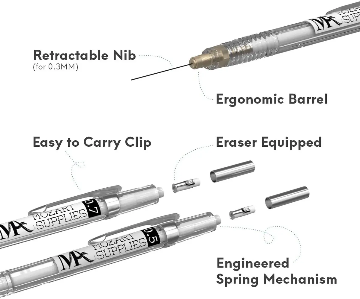 MozArt Supplies Mechanical Pencil Set 4 Sizes 0.3 0.5 0.7 0.9mm HB Lead Clear | Ideal for Drawing & Writing - view 5