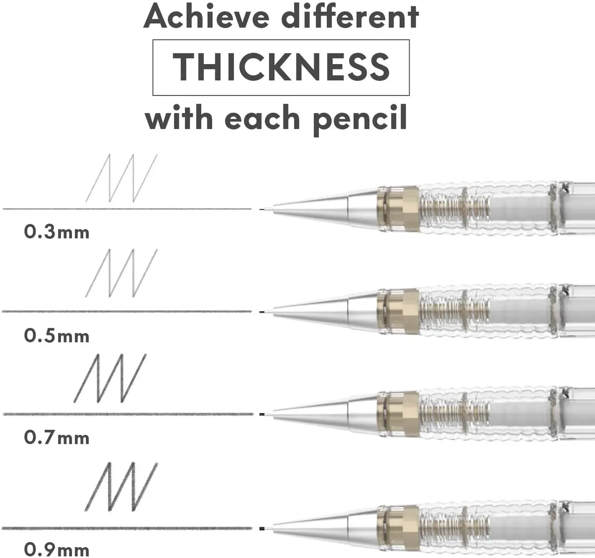 MozArt Supplies Mechanical Pencil Set 4 Sizes 0.3 0.5 0.7 0.9mm HB Lead Clear | Ideal for Drawing & Writing - view 2