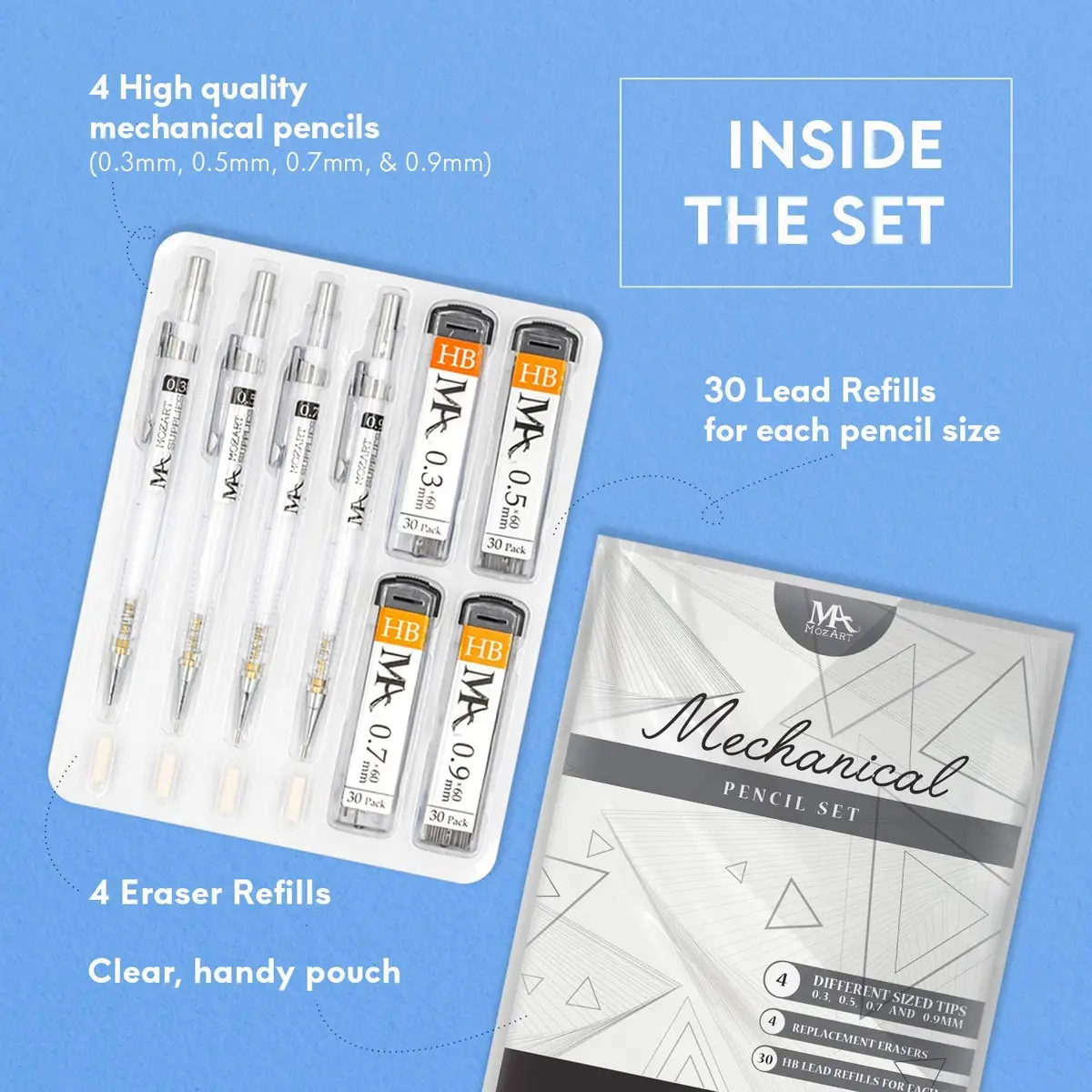 MozArt Supplies Mechanical Pencil Set 4 Sizes 0.3 0.5 0.7 0.9mm HB Lead Clear | Ideal for Drawing & Writing - view 3