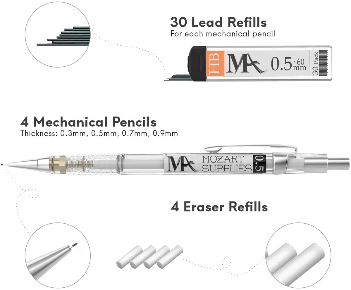 MozArt Supplies Mechanical Pencil Set 4 Sizes 0.3 0.5 0.7 0.9mm HB Lead Clear | Ideal for Drawing & Writing - view 4