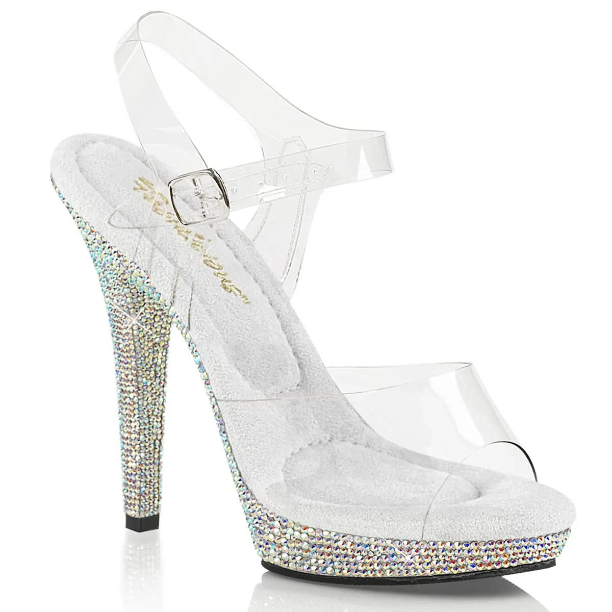 Fabulicious Lip-108DM Ankle-Strap Sandal 12 in Clear/Silver Multi Rs | 5" Heel, Platform & Rhinestones - main product image