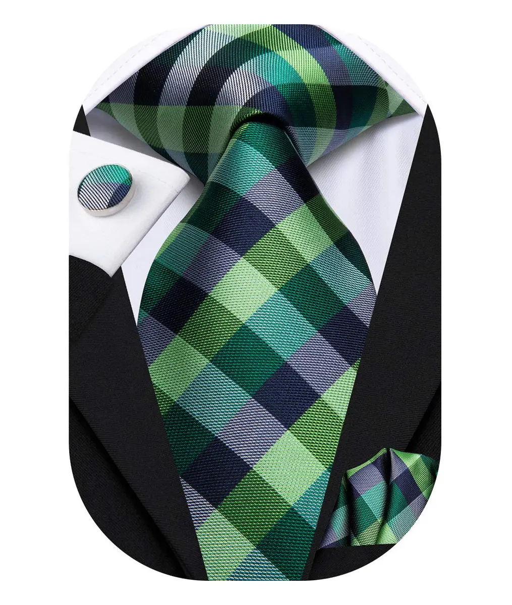 Hi-Tie Mens Plaids Striped Green Ties Set Paisley Silk Necktie for Men with Handkerchief Cufflinks Set Business Wedding | Elegant 59-inch silk mix polyester, perfect for formal occasions - main product image