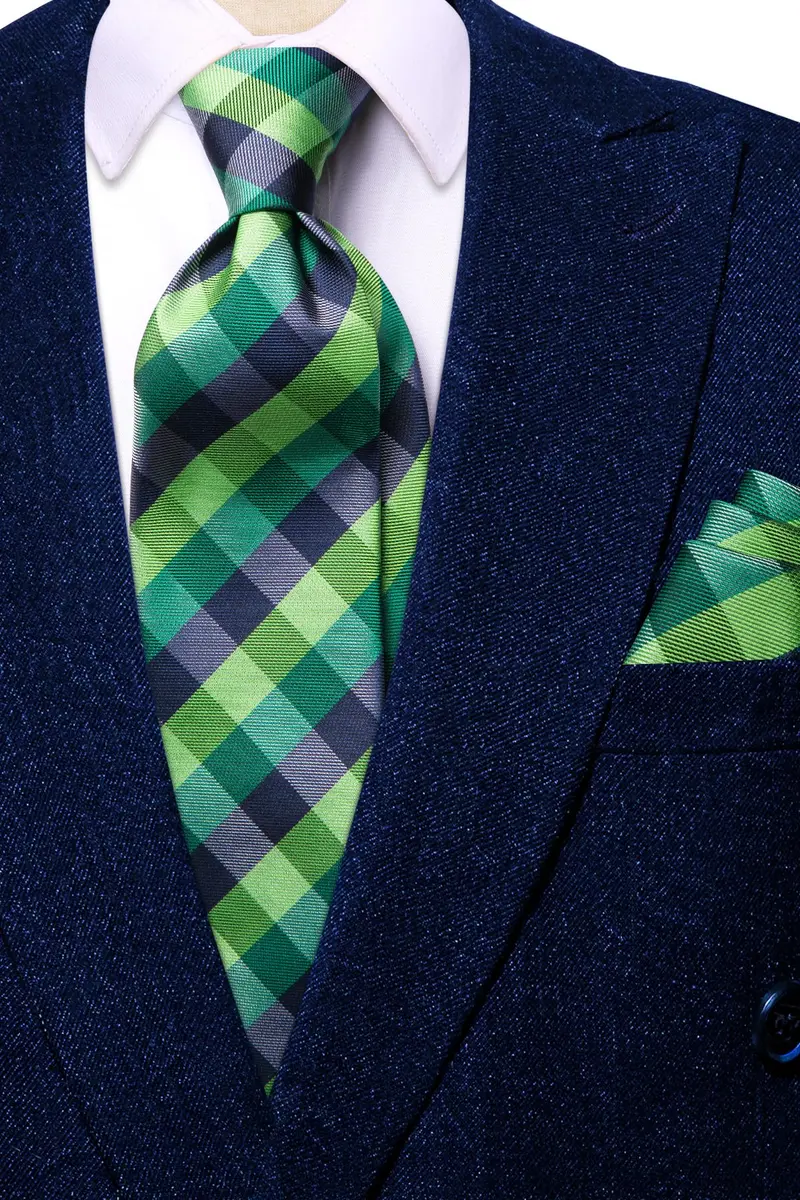 Hi-Tie Mens Plaids Striped Green Ties Set Paisley Silk Necktie for Men with Handkerchief Cufflinks Set Business Wedding | Elegant 59-inch silk mix polyester, perfect for formal occasions - view 7