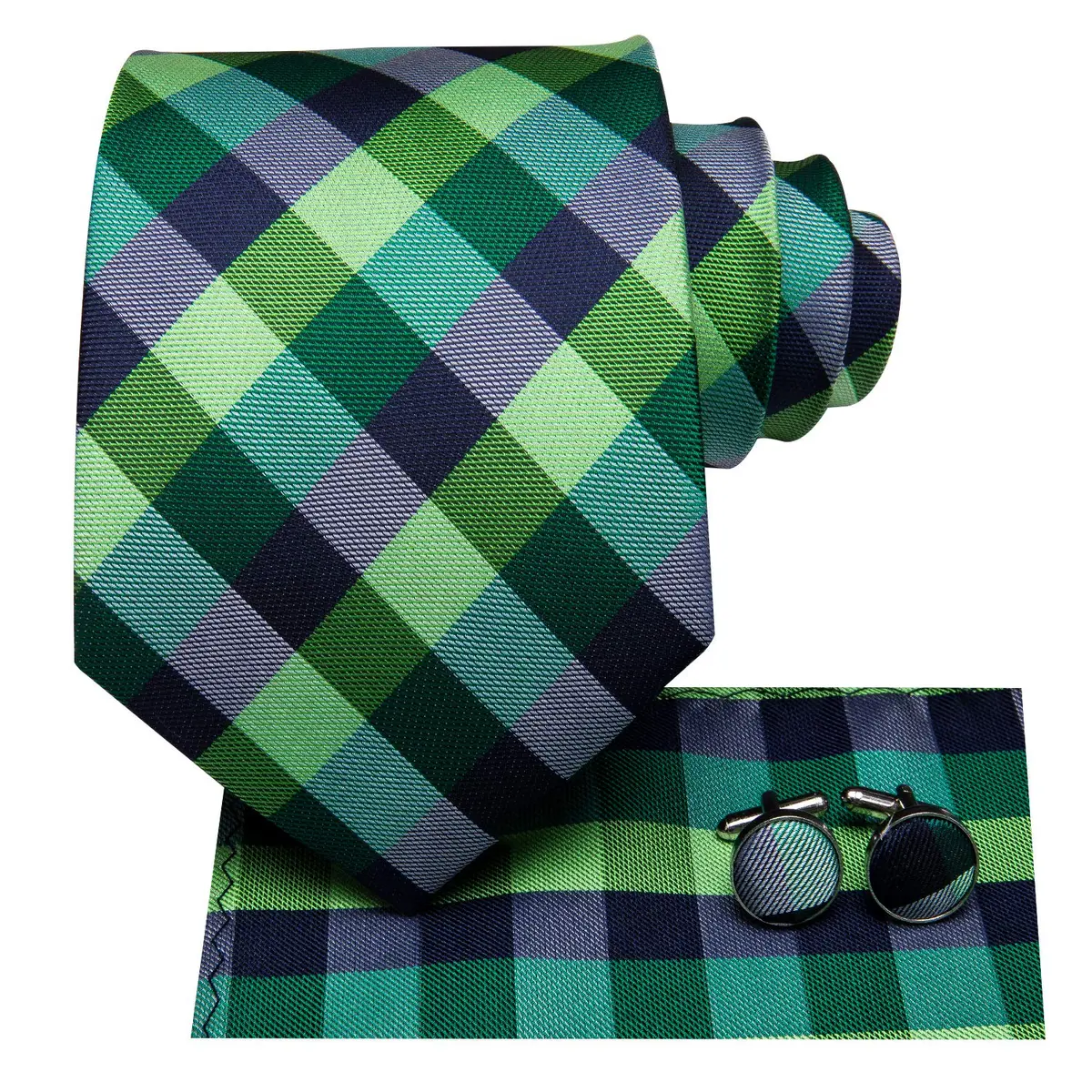 Hi-Tie Mens Plaids Striped Green Ties Set Paisley Silk Necktie for Men with Handkerchief Cufflinks Set Business Wedding | Elegant 59-inch silk mix polyester, perfect for formal occasions - view 2