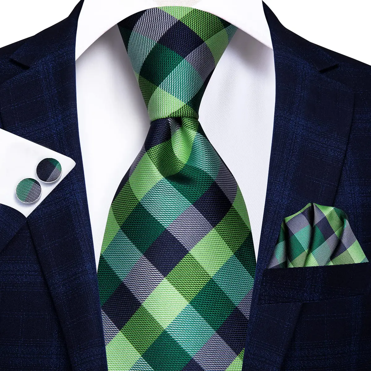 Hi-Tie Mens Plaids Striped Green Ties Set Paisley Silk Necktie for Men with Handkerchief Cufflinks Set Business Wedding | Elegant 59-inch silk mix polyester, perfect for formal occasions - view 3