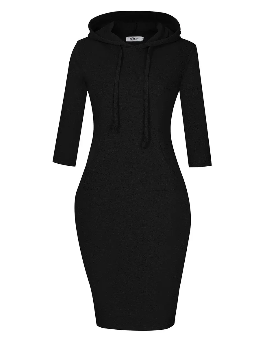 MISSKY 3/4 Long Sleeve Dresses for Women Pocket Black Sweatshirts for Women (S) | Casual Fashion - main product image