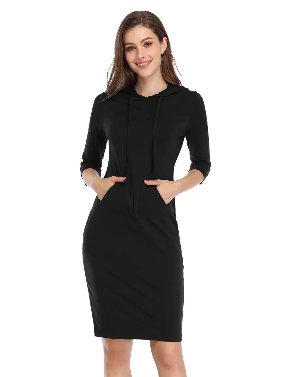 MISSKY 3/4 Long Sleeve Dresses for Women Pocket Black Sweatshirts for Women (S) | Casual Fashion - view 2