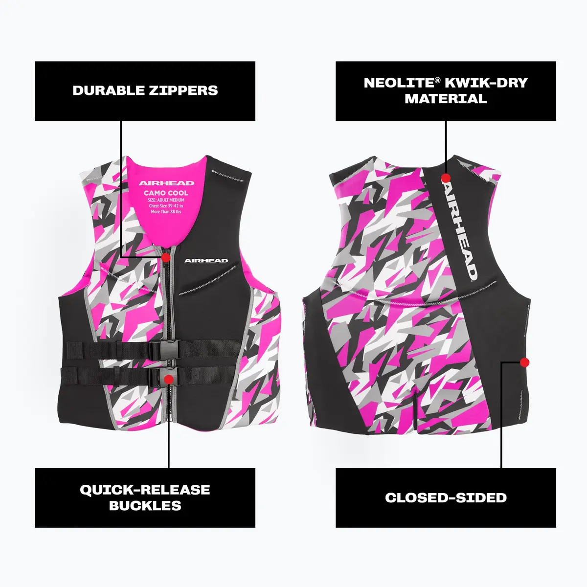 Airhead CAMO COOL Kwik-Dry Neolite Flex Life Jacket for Adults - USCG Approved Watersports Vest, Pink, Medium - view 5